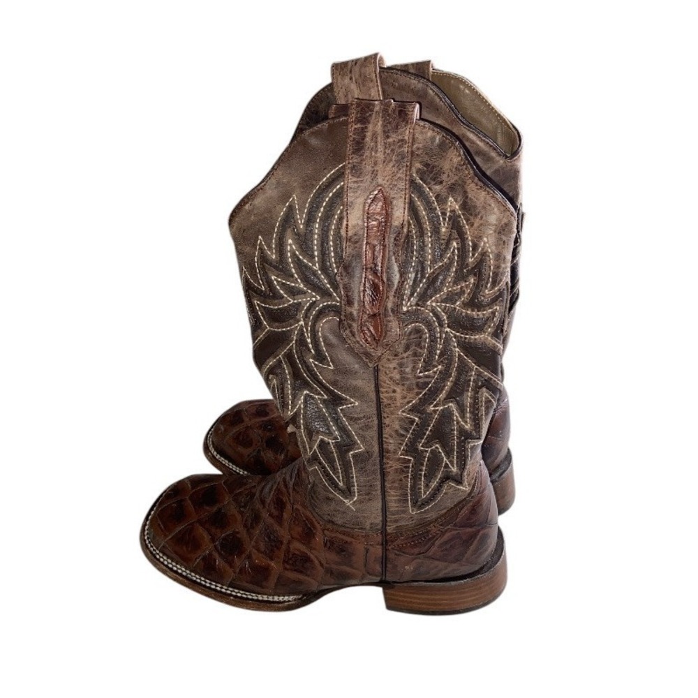 RDR Cowboy Boots Mexico Buffy‎ Cafe Fish Print Square Toe Men's 6.5 Mexico 23.5